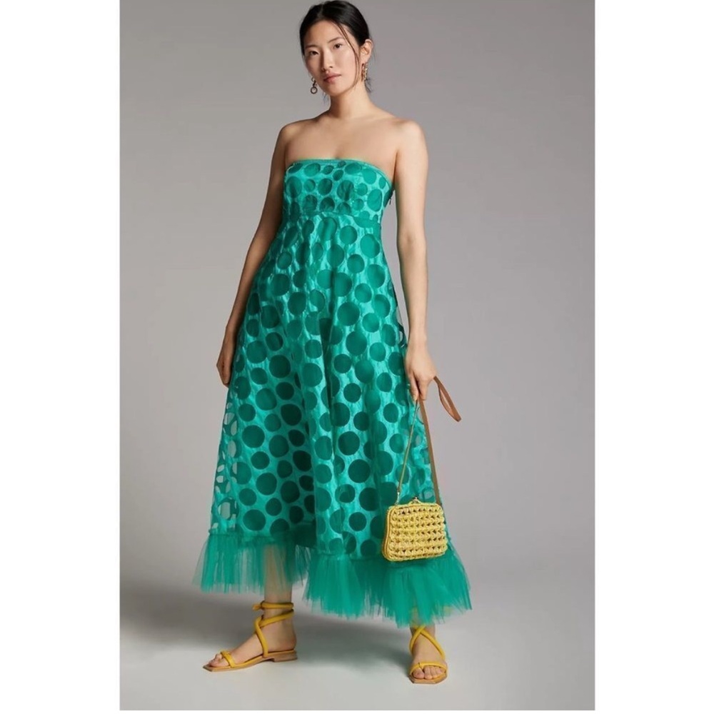 Anthropologie Teal Polka Dot Strapless Maxi Dress